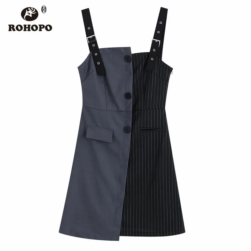 

ROHOPO Splice Woman Buttons Fly Strape Mini Patchwork Mini Dress Pocket Office Ladies Pocket Asymmetric Chi Vestido #9535
