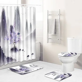 

T Beautiful Landscape Scenery 4 Piece Bathroom Rug Sets PVC Shower Curtain with Bath Mat Partition Curtain Toillete Seat Cover