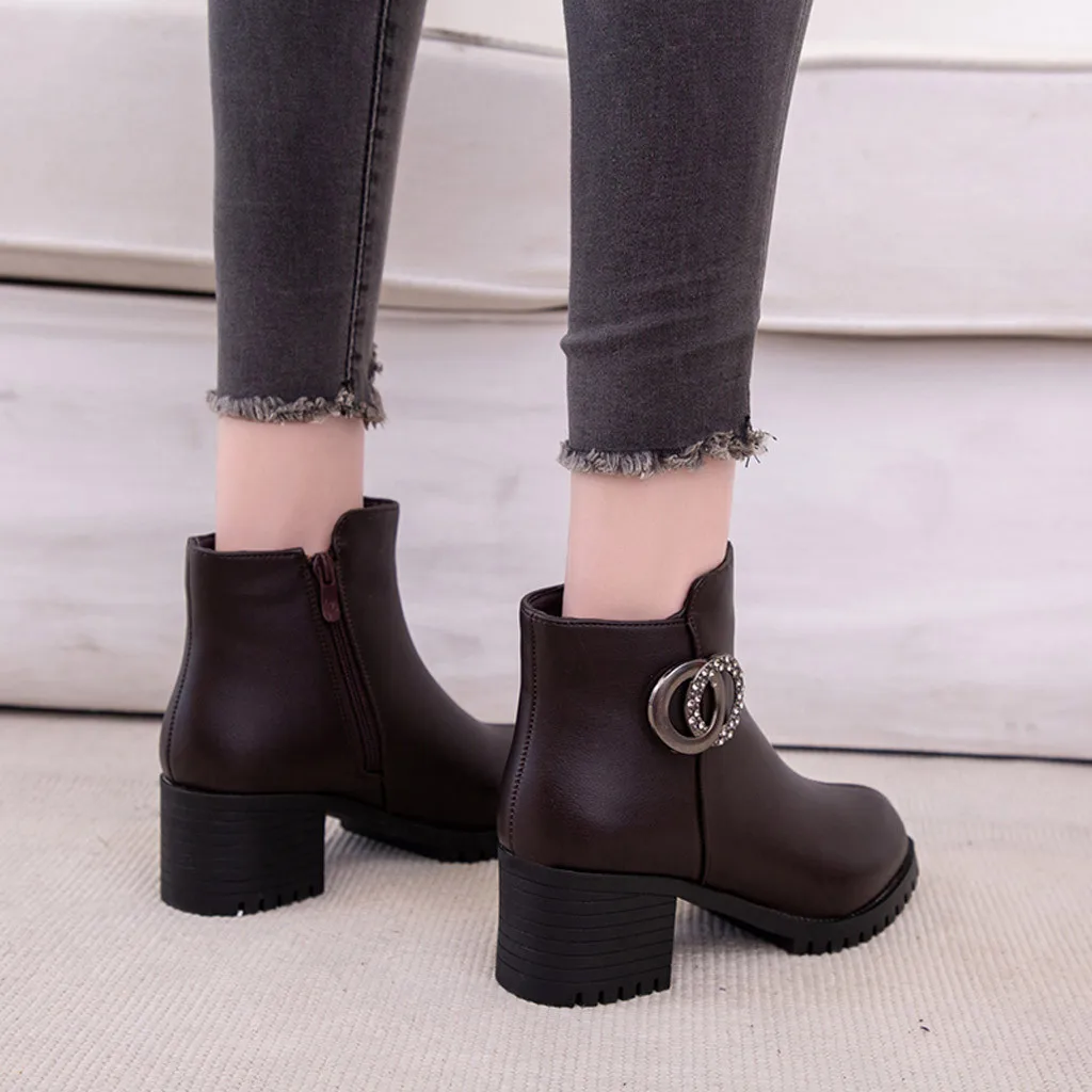 Women's Fashion Ankle Boots Woman Platforms Winter Leather Boot Square Heels Shoes Female Ladies Round Toe Zipper Shoes Footwear
