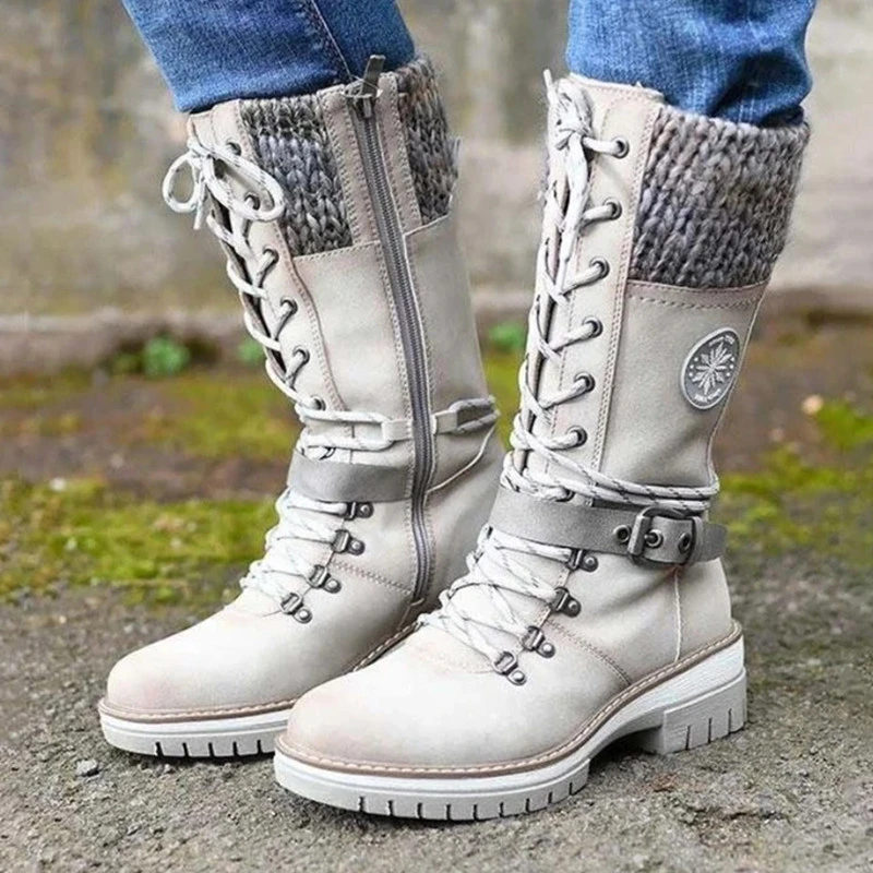 Botas de caña para mujer, zapatos cálidos con cordones y alto cuadrado, punta redonda, marca de moda, invierno, 2021|Botas de AliExpress