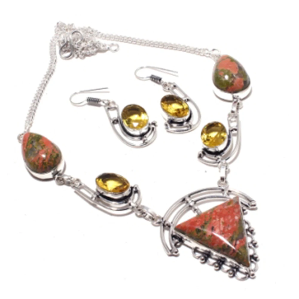 

Unakite,Citrines Necklace + Earings Silver Overlay over Copper, 51.1 cm , N4222