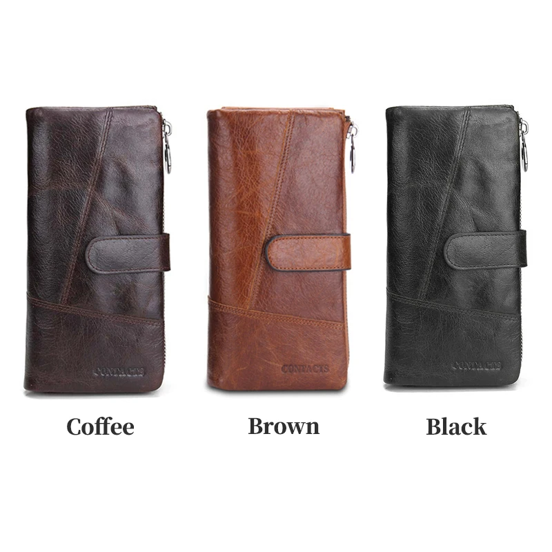 Name Carving Zipper Poucht Genuine Cow Long Leather Wallets Purse Card Holder Vintage Wallet Men with Coin Purse Pocket