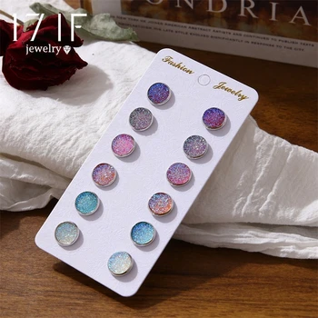 

17IF Bling Earring Sets 6 Pairs / Set Mixed Color Cute Round Stud Earrings For Women Fashion Jewelry Birthday Gift Wholesale