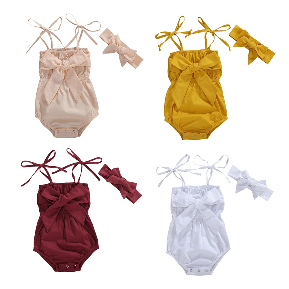 

Summer Baby Girl Bodysuit Solid Bow Sleeveless Jumpsuit Headband 2Pcs Outfit Set Fashion