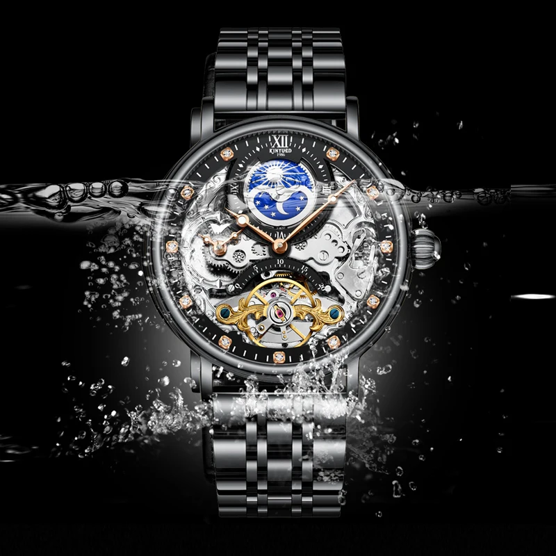 Kinyued Men Mechanical Wristwatch Skeleton Waterproof Stainless Steel Automatic Hand Clock For Man Gift mechanical watch
