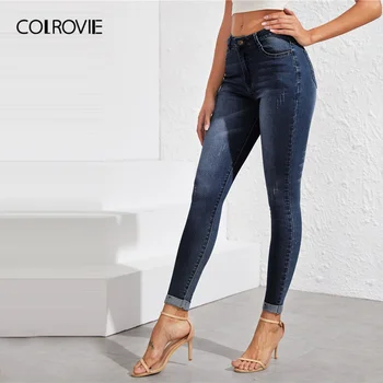 

COLROVIE Navy Ripped Cuffed Hem Skinny Jeans Women 2020 Spring Button Fly Jeans Female Solid Casual Denim Pants