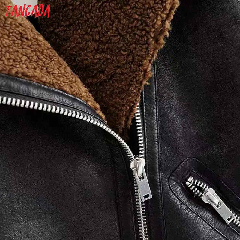 Ceny Tangada damskie zimowe futro faux skórzana kurtka płaszcz z paskiem retro skręcić w dół kołnierz panie 2019 gruby ciepły szeroki płaszcz JA08