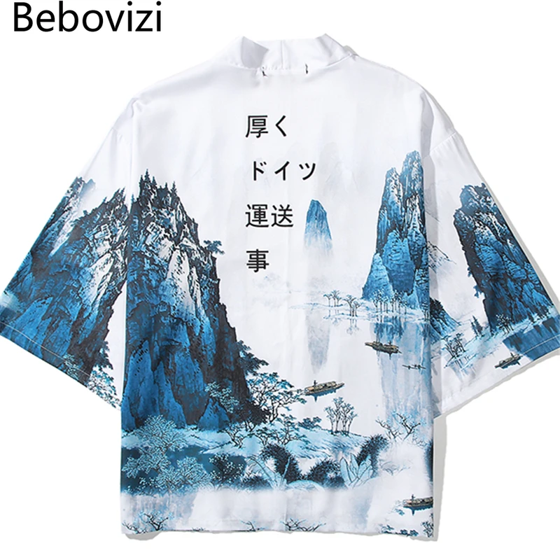 Bebovizi Chinese Style Landscape Painting Cardigan Kimono Harajuku Women Men Yukata Japanese Streetwear White Traditional Tops traditional chinese painting techniques book from entry to master freehand getting started tutorial
