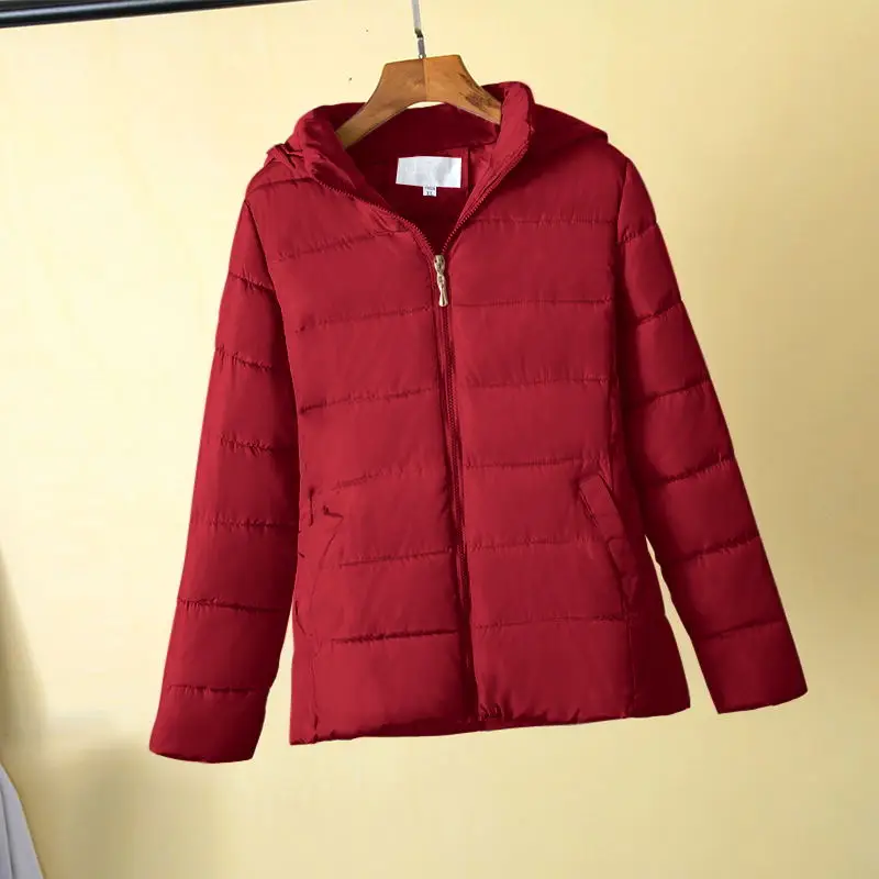 burgundy Женские парки на весну и осень, большие размеры 4XL, зимняя куртка с капюшоном, Толстая теплая короткая верхняя одежда, Женские базовые Топы с хлопковой подкладкой - Цвет: burgundy