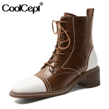 

CoolCept Real Leather Women Ankle Boots Mixed Color Cross Strap Zipper Thick Heel Shoes Warm Boots Party Footwear Size 34-39