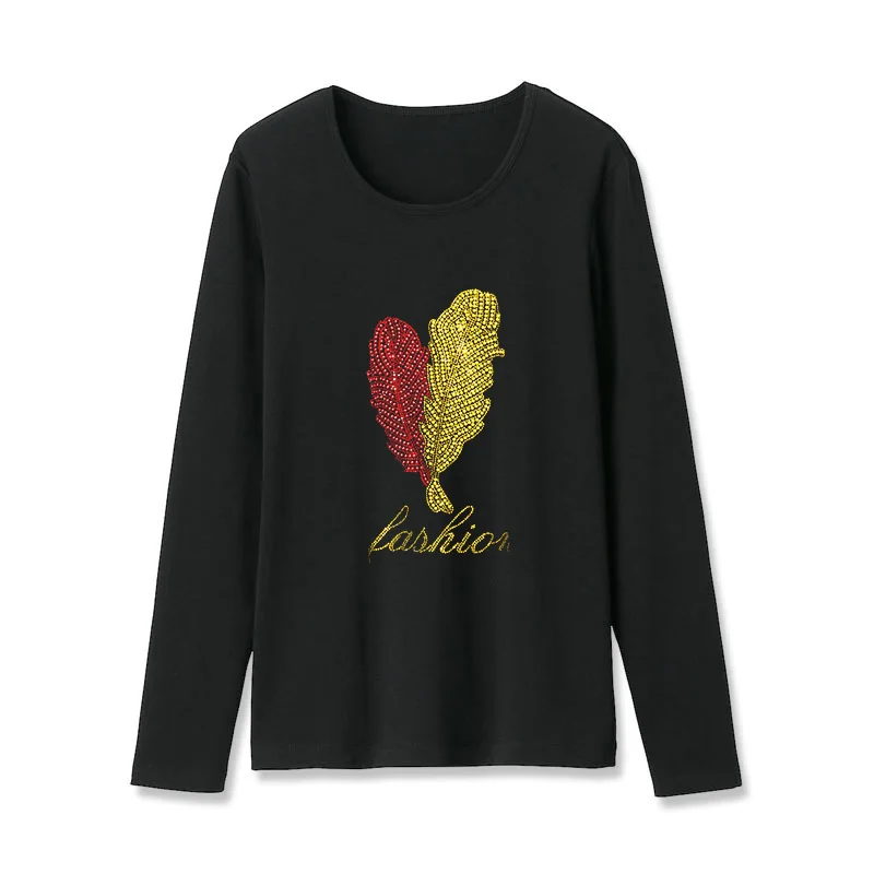 

Весна-осень, новая модная футболка с длинным рукавом, женская футболка с индивидуальным рисунком в виде листьев, горячие бриллианты, свободные повседневные удобные топы, женские