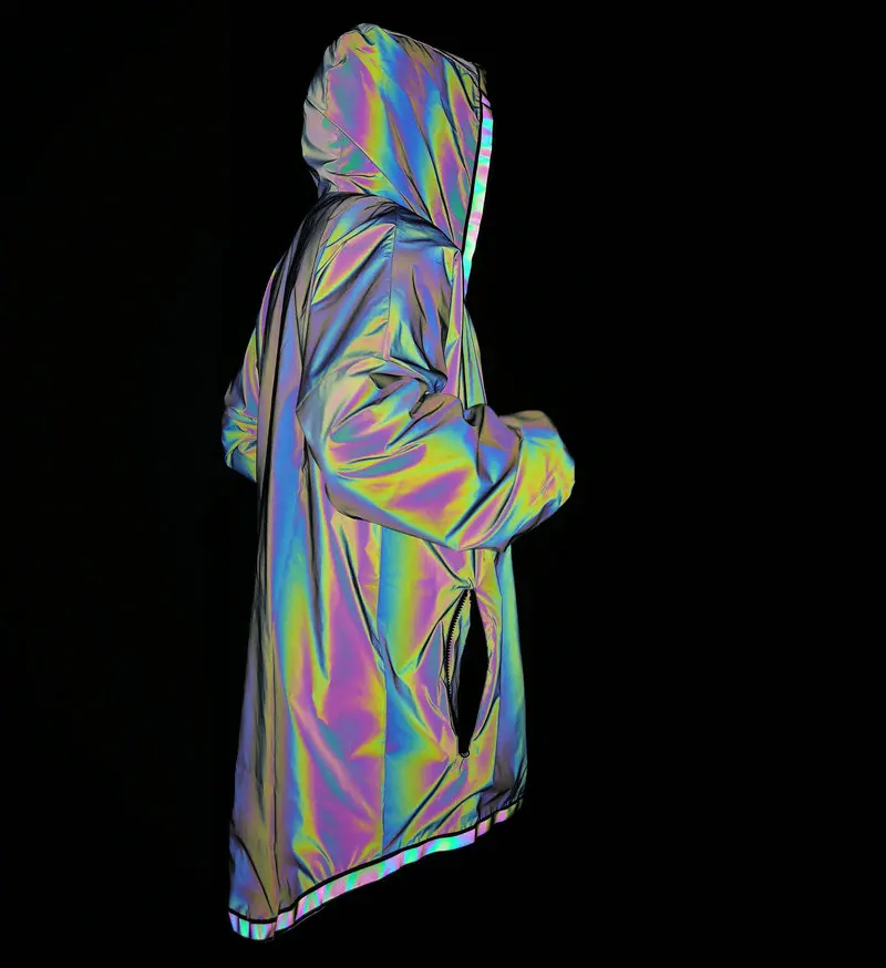 Finest  Men Rainbow Reflective Light Long Jacket Streetwear Women Hooded Coat Full Zip Jogger Night Dazzlin