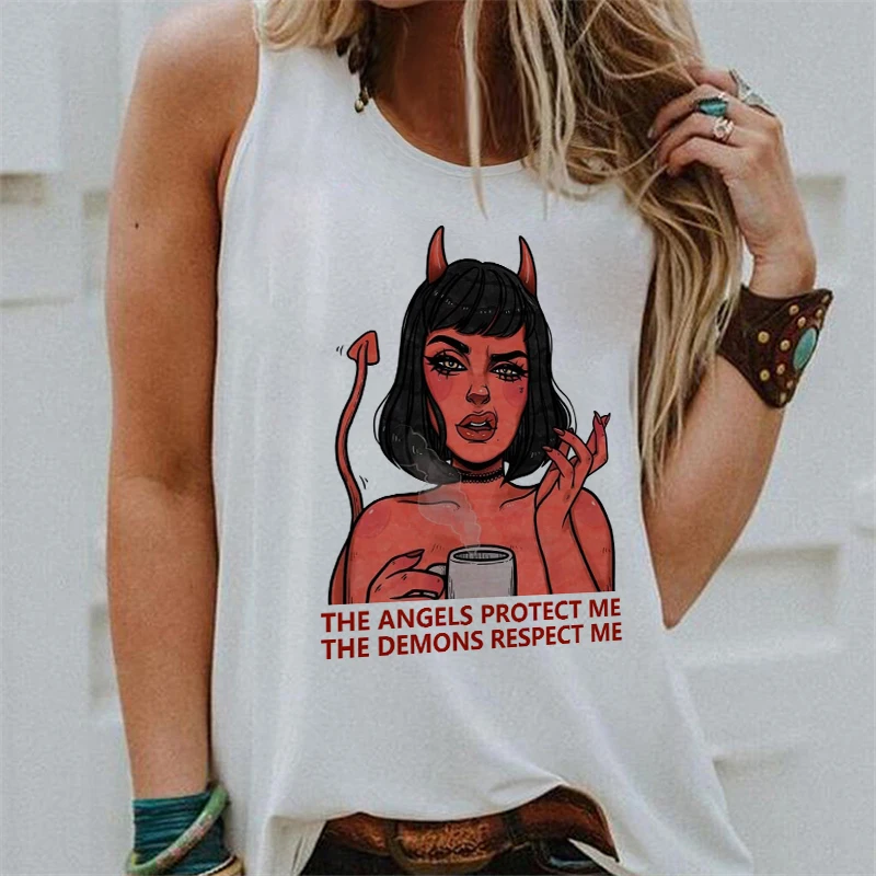 Camisole Vest Tank Tops Female T Shirts THE ANGELS PROTECT ME THE DEMONS RESPECT ME Print Harajuku Women Tshirt Tee Sleeveless|Tank Tops| - AliExpress