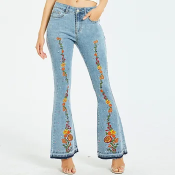 

Fashion Women Embroidery Flowers Destoryed Flare Jeans Button Waist Bell Bottom Denim Pants F809