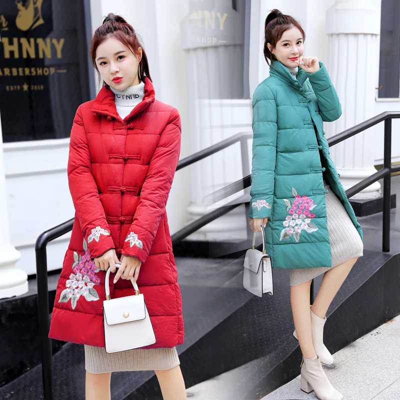 

2019 Winter New Style Retro Chinese-style Embroidered Mid-length Thick Warm Women's Stand Collar Slimming Cotton Coat