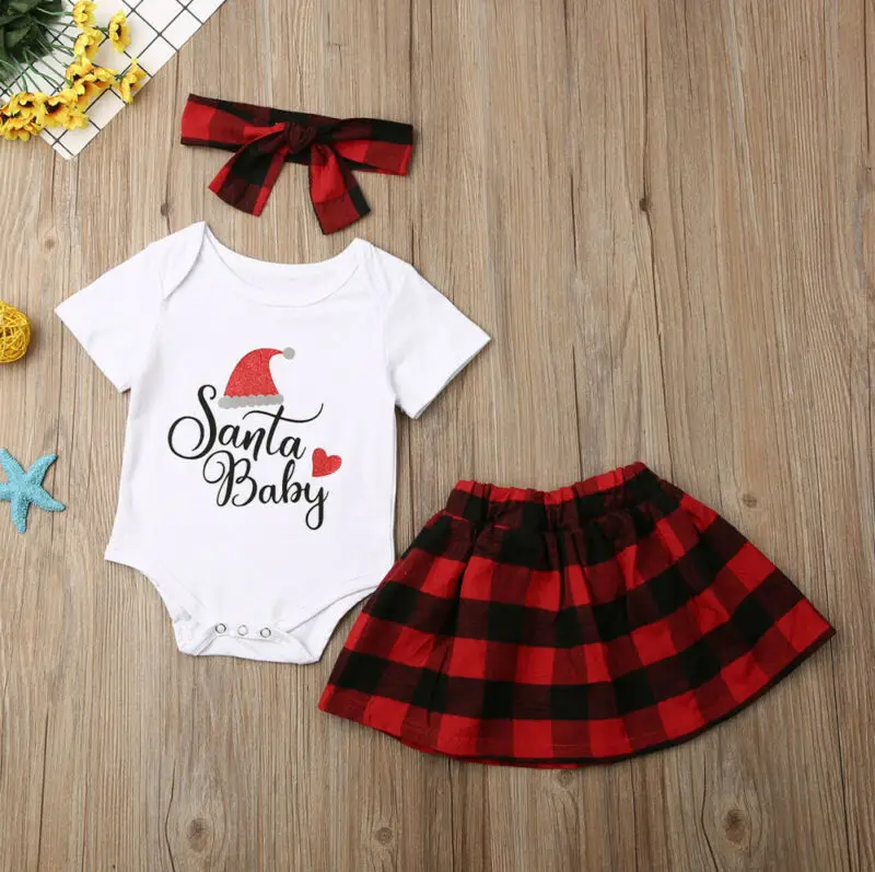 Рождественская Одежда для новорожденных для маленьких девочек Изделие из хлопка с короткими рукавами, футболка, красная клетчатая юбка Головная повязка 3 предмета Комплект Рождественский комплект одежды