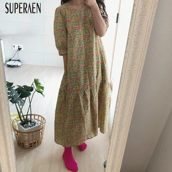 

SuperAen Korean Style Long Dress Women Summer New 2020 Fashion Cotton Print Ladies Dress Casual Women Clothing Short Sleeve