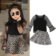 Комплект одежды из 3 предметов для маленьких девочек Кружевная футболка с длинным рукавом+ жилет+ леопардовая юбка, комплект осенней одежды