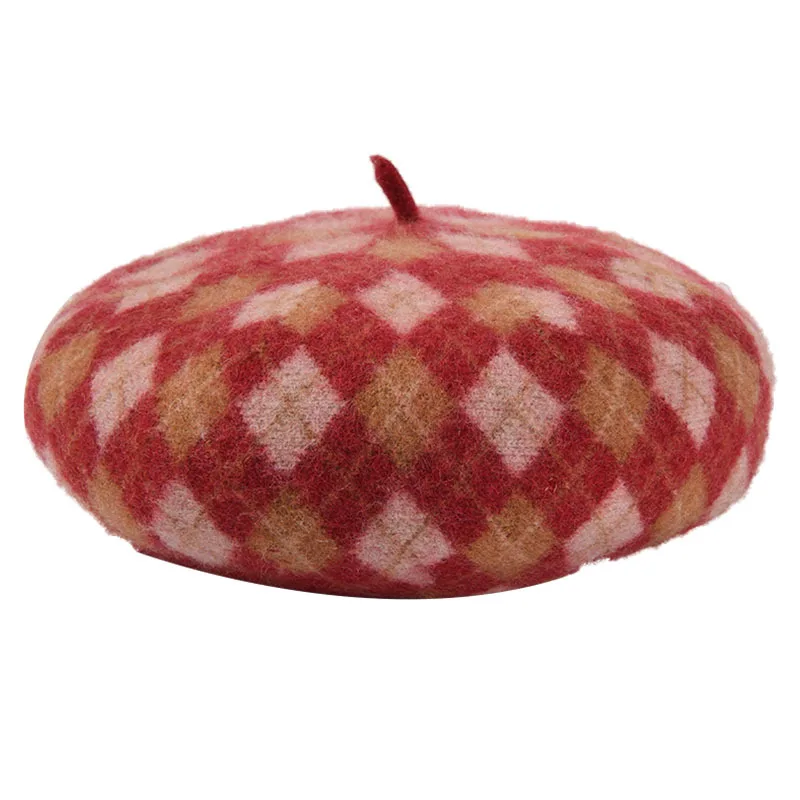 Autumn red Мода осень зима женская шляпа шерстяные береты кепки s для женщин плед Французский Берет теплая шерсть Зимний берет шляпа берет - Цвет: Autumn red