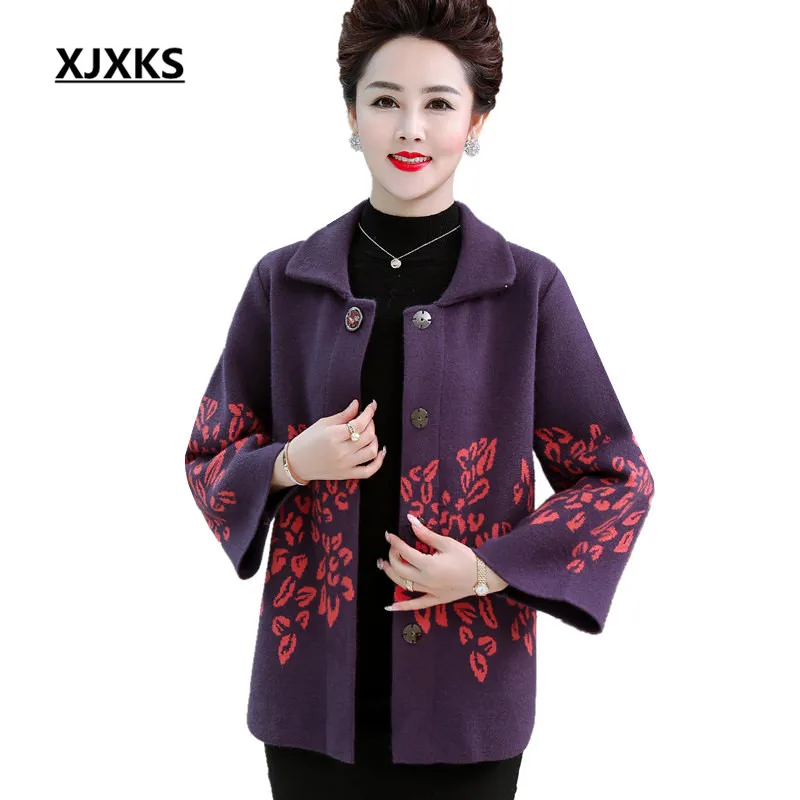 

XJXKS Women's cashmere woolen coat 2019 autumn winter new loose plus size fashion lapel printed women's coat