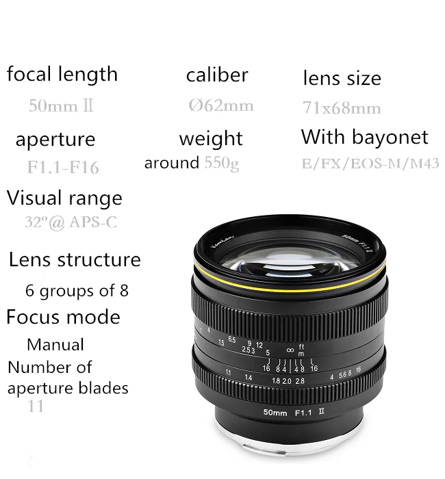 Объектив камеры Kamlan 50 мм F1.1-F16 II APS-C объектив с большой апертурой ручной фокусировки для sony NEX camera s 8 элементов в 6 групп