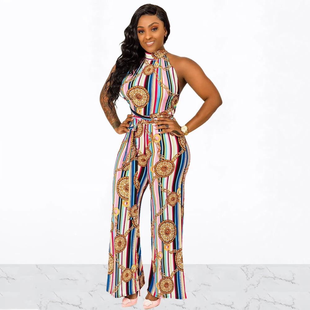 

Women Sexy Chain Print Striped Loose Jumpsuits Halter Cross Bandage Off Shoulder Backless Wide Leg Rompers Summer Casual Overall