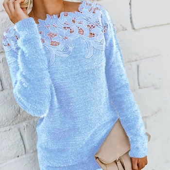 

Fashion Long Sleeve Autumn Winter Black Jumper Lace Patchwork Sweater Women's Knitted Sweater Pullover Off-shoulder Knitwear