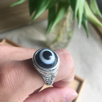 

Exquisite natural Tibetan silver-tibetan pearl agate carved with Taiji Yin-Yang ring movable interface for men and women