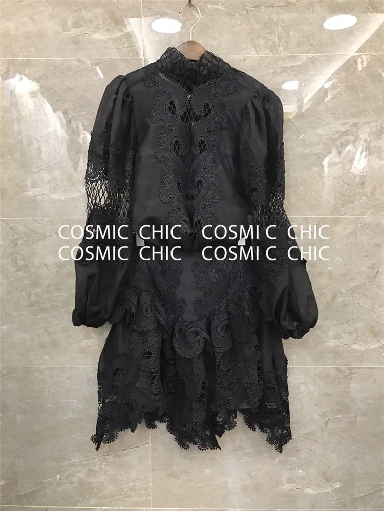 Cosmicchic, подиумная Праздничная юбка, комплект, элегантный фонарь, длинный рукав, открытая кружевная вышивка, блузка, нестандартные оборки, мини-юбка