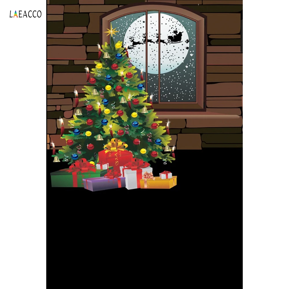 

Laeacco Christmas Tree Gift Boxes Window Moon Elk Sled Santa Claus Room Decor Photo Backgrounds Photograph Backdrops For Studio
