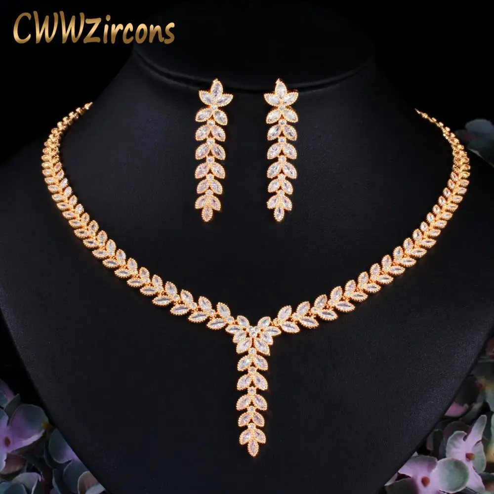 

CWWZircons Leaf Shape Dangle Drop Party Earring and Necklace African Nigerian CZ Gold Color Wedding Jewelry Set for Brides T488