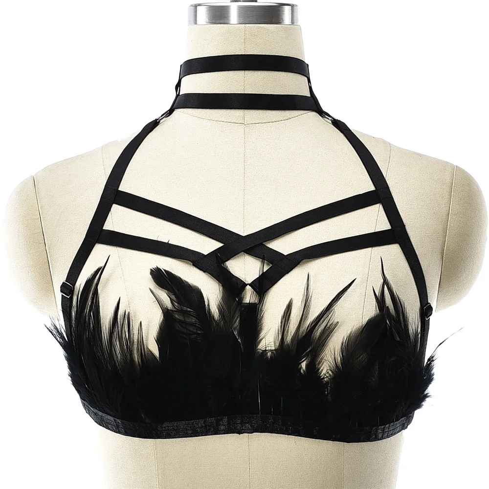 

Hollow Feather Body Harness Bra Gothic Cosplay Sexy Lingerie Black Feather Crop Top Body Cage Women Elastic Bondage Harness Belt