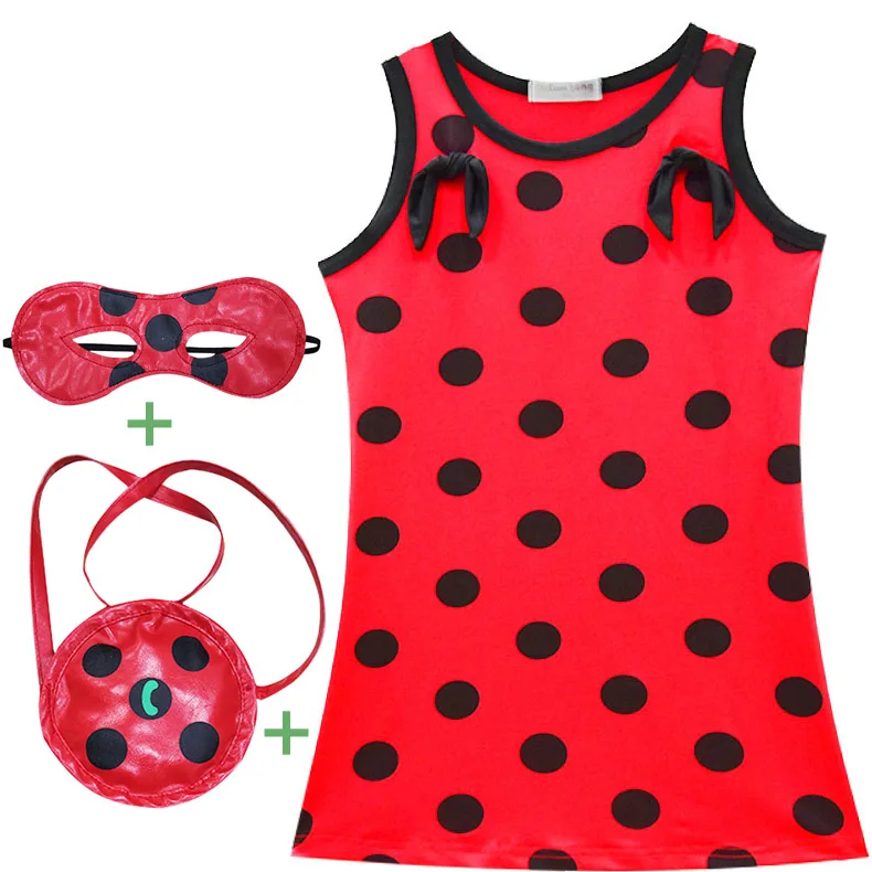 

Dropship Ladybug Cosplay Cartoon Dot Print Lady Bug Girl's One-piece Sleeveless Summer Dress Red Bow Mask Bag Children's Clothes