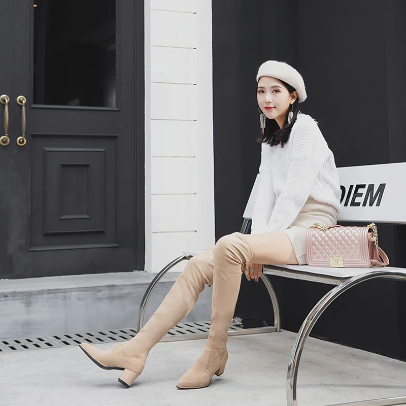

Thigh Boot Women's over-the-Knee 2019 Autumn And Winter New Style Boots Women's Stovepipe Chunky Heel Ankle Boots Bandage Cloth