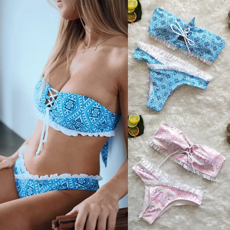 

2019 Sexy Women Two Pieces Swimsuit Geometric Print Ruffles Lace Up Bandeau Bikini Set Bathing Beach Swimwear Bikini Set
