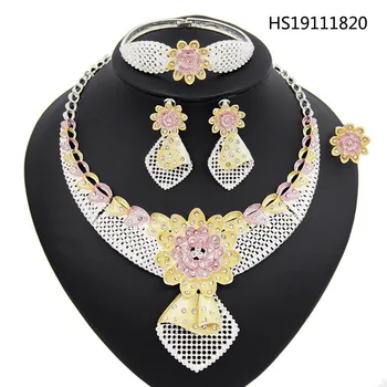 

Yulaili Fashion African Tricolor Flowers Pendant Necklace Earrings Bracelet Ring Dubai Jewelry Sets Turkey Weddding Accessories