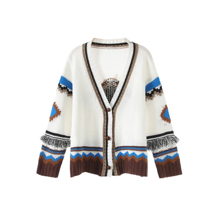 ^Cheap Fall / Winter 2019 white contrasting color-matching British style V-neck single-breasted loose running knit cardigan ^Cheap Fall / Winter 2019 white contrasting color-matching British style V-neck single-breasted loose running knit cardigan
