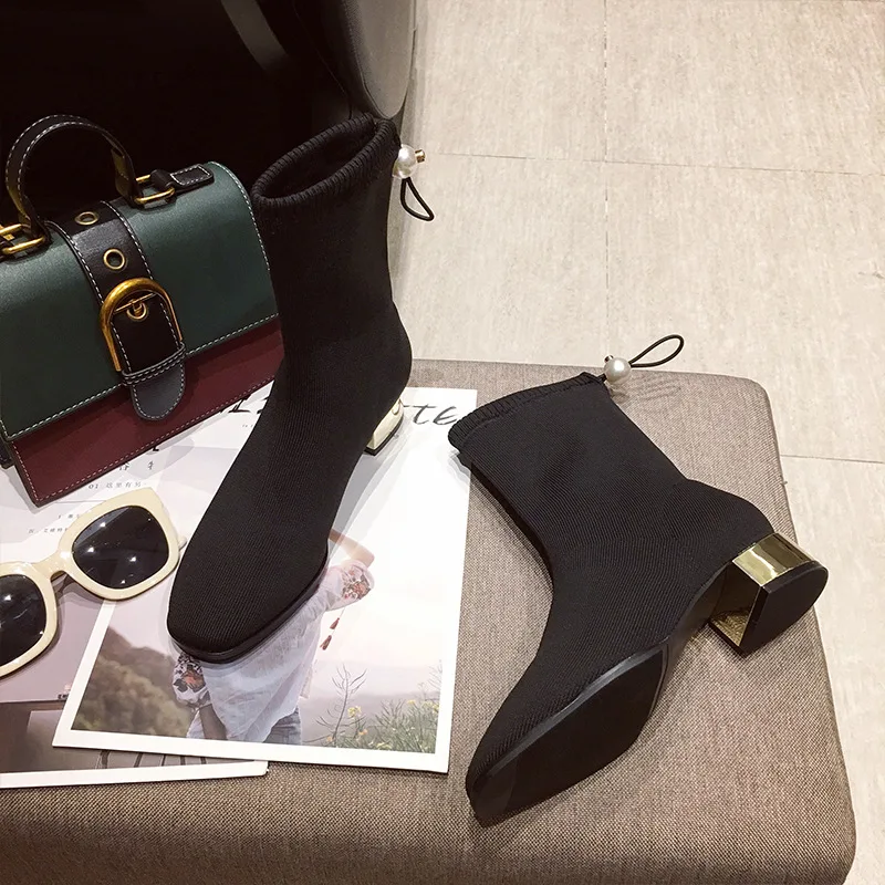 

Korean-style Chunky-Heel Short Boots Women's 2019 Winter New Style Square Head Socks Female Boots Versatile Slimming High-Heel M