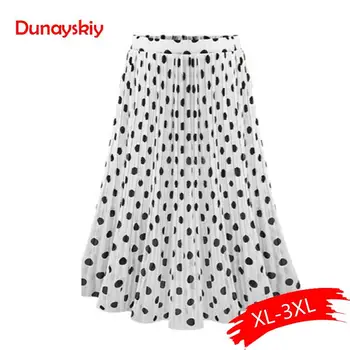 

Women Chiffon Polka Dot Girl Summer Spring Female Black White Elastic Waist Pleated Skirts Beach Plus Size New A-Line