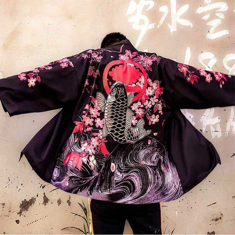 Japanese Kimono Cardigan Hawaiian Shirt Men Clothes Japanese Streetwear Extra Long Chinese Male Shirt Cool Blouse Male Kimono Cardigan AZ2003