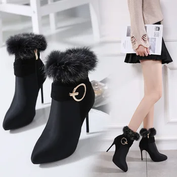 

Original Intention Latest Style Warm Ankle Boots Platform Buckle Women Boots Winter Plush Black Red High Heels Shoes Woman 10.5