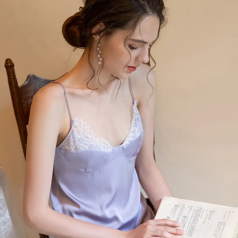 

Ночная рубашка Yhotmeng для женщин, Пижама для лени, шелковая юбка на подтяжках, с кружевными ресницами, двухслойная нашивка, домашний сервис