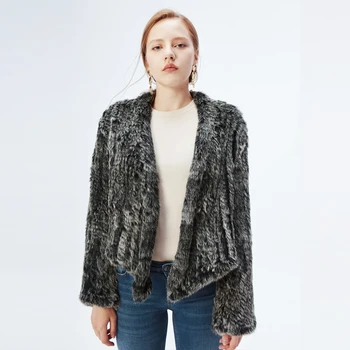 

100% Real Knited Rabbit Fur Cardigan Coat Jacket Natural Hand-made Irregular Collar Garment Frost Black Rabbit Fur Knitted