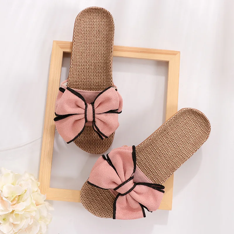

2020 New Casual Sneakers For Home Slippers Summer Bow-knot Soft Floor Woman Indoor Flats Shoes Cute Linen Slipper Terlik