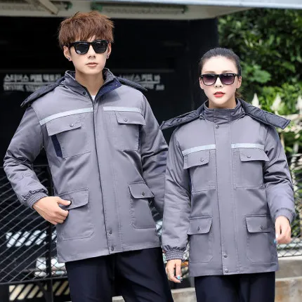 Roupas de trabalho de inverno algodau masculino grosso roupas de prova de vento frio algodau jaqueta removativel forro - Цвет: gray