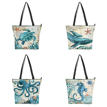 

CROWDALE Sea turtles printing Shoulder Bag Environmental Storage Handbag Custom Reusable Foldable Eco Grocery Totes