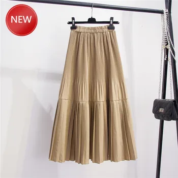 

Woman Skirts 2020 Herfst Nieuwe Effen Kleur Grote Schommel Hoge Taille Geplooide Rok In De Lange Sectie Stiksels