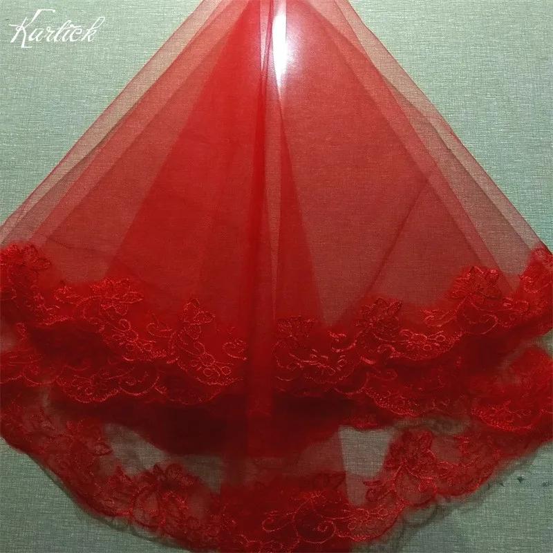 

Brand New Short Wedding veils with Comb White/Ivory/Red Two Layers Bride Veils Lace Edge Princess Mariage Wedding Accessories