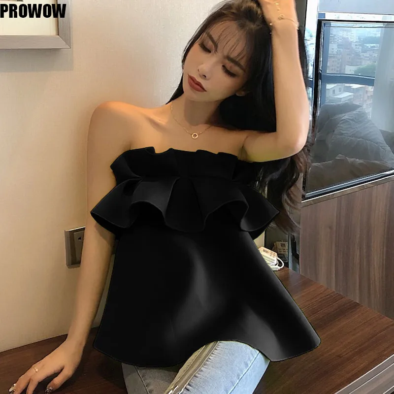 2020 Sexy Sleeveless Strapless Women Blusas Tops Summer Ruffles Sweet Shirt Korean New Beach Seaside Holiday Tops