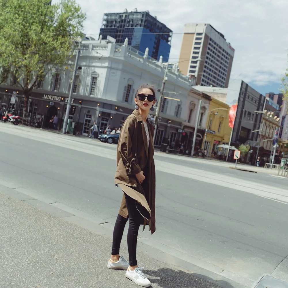 

2018 Autumn New Style Korean-style Fashion Retro Laziness-Style Lace-up Waist Hugging Slimming Fold-down Collar Trench Coat Wome